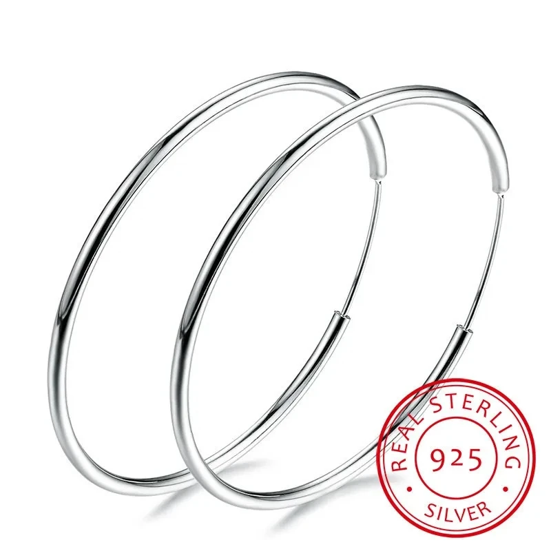 

925 Sterling Silver Round Circle 35/50/60mm Hoop Earrings For Woman Wedding Engagement Party Fashion Charm Jewelry Gift