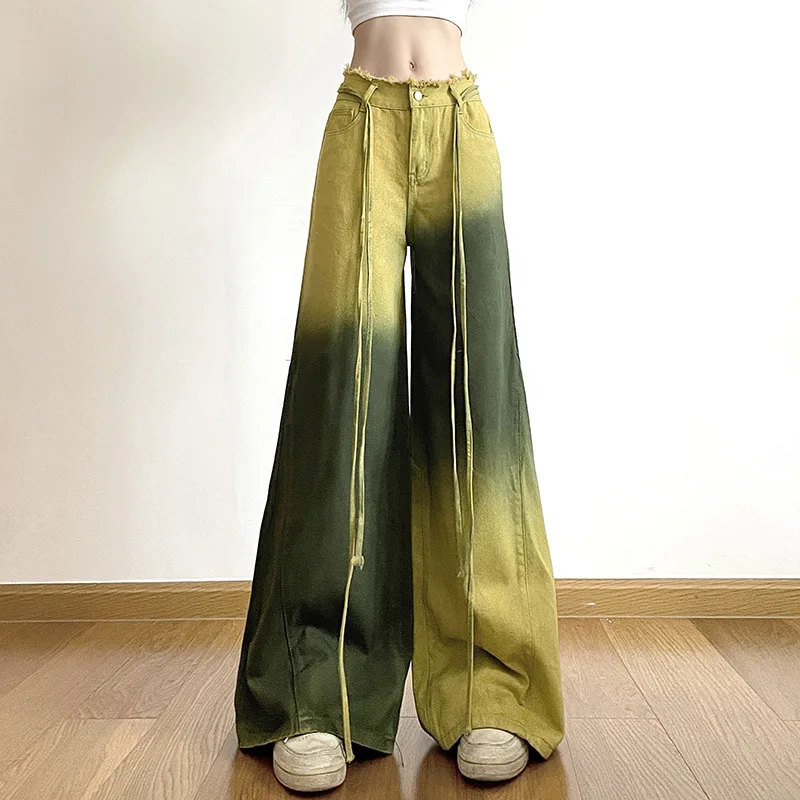 

Джинсы в стиле ретро с градиентным эффектом, с высокой талией и лентами, Свободные повседневные брюки из денима с широкими штанинами для девушек, уличная одежда, осень 2023, Y2k