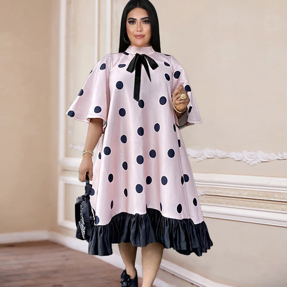 Plus Size Stand-up Collar, Short-sleeved Polka-dot Printed Bow And Ruffled Loose Large Hem Skirt Spring Summer Party Dresses
Plus Size Stand-up Collar, Short-sleeved Polka-dot Printed Bow And Ruffled Loose Large Hem Skirt Spring Summer Party Dresses