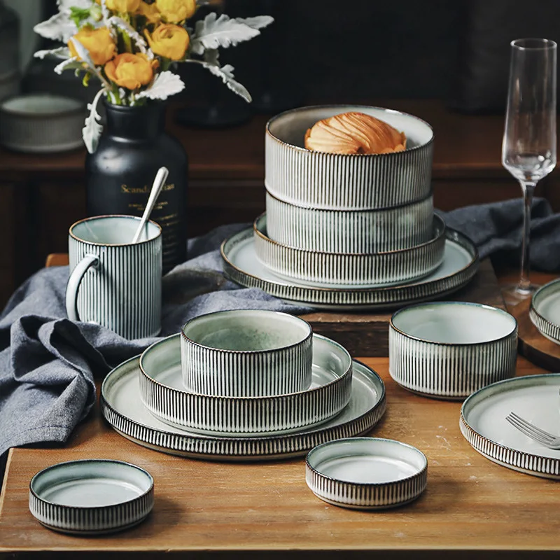 

Retro Gray Tableware Porcelain Fruit Salad Sushi Serving Plate Dinnerware Western ceramic plates and bowls
