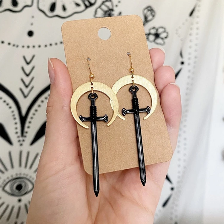 Gold Pendant Earrings-moon Earrings-cold Weapon Black Long Sword Pendant-bohemian National Style Long Earrings
Gold Pendant Earrings-moon Earrings-cold Weapon Black Long Sword Pendant-bohemian National Style Long Earrings