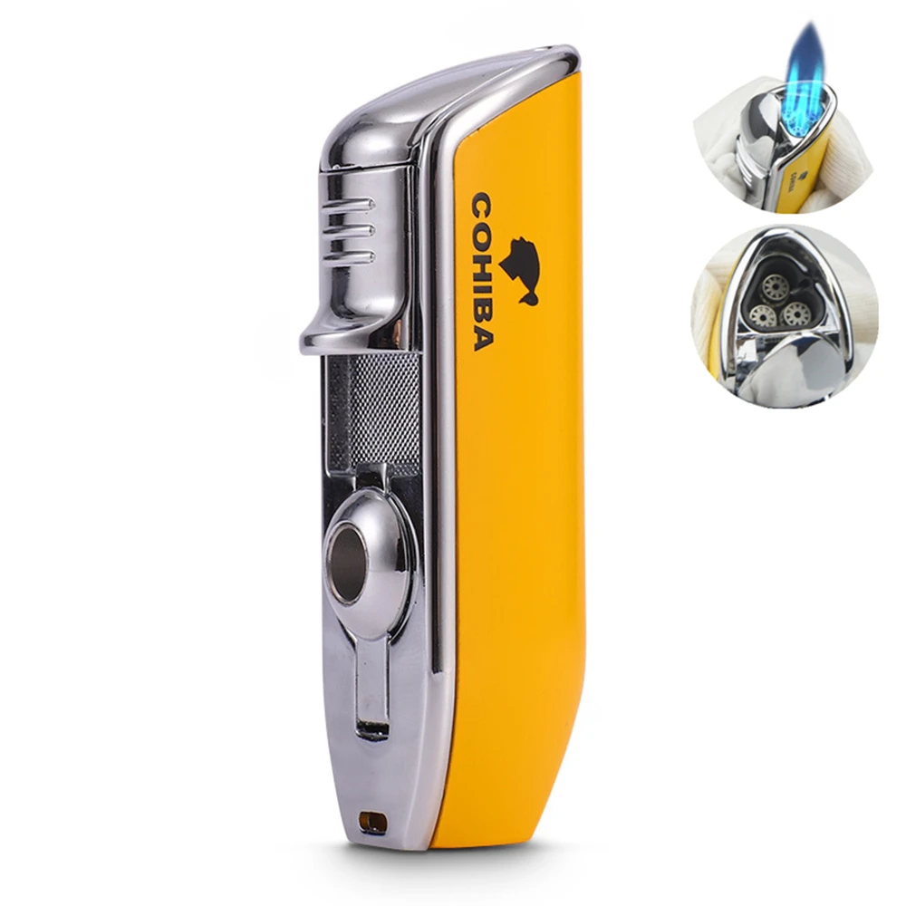 

New COHIBA Metal Windproof Mini Pocket Cigar Lighter 3 Jet Blue Flame Torch Cigarette Lighters With Cigar Punch No Gas