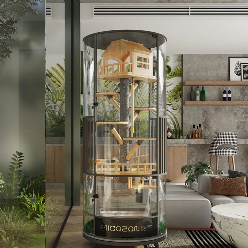 

360 ° Rotatable Cat Cage Villa Solid Wood Luxury Panoramic Display Cabinet Cat Nest Glass House with Toilet