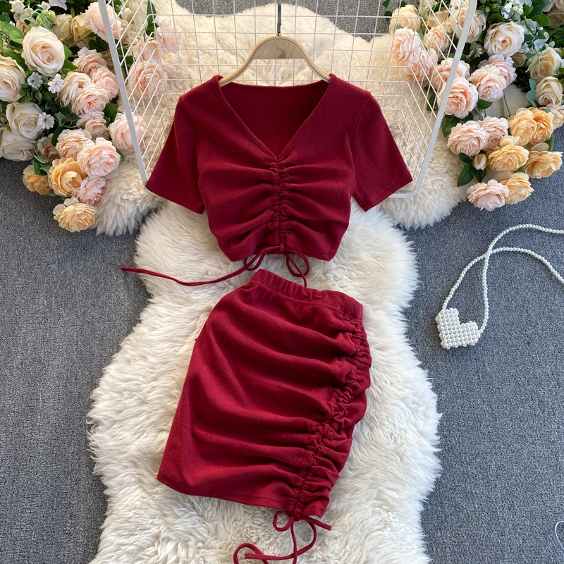 Clothland Women Sexy Shirring Crop Top Skirt Suit Two Piece Set V Neck Short Top Mini Skirt Knitwear Chic Sets TZ315
Clothland Women Sexy Shirring Crop Top Skirt Suit Two Piece Set V Neck Short Top Mini Skirt Knitwear Chic Sets TZ315