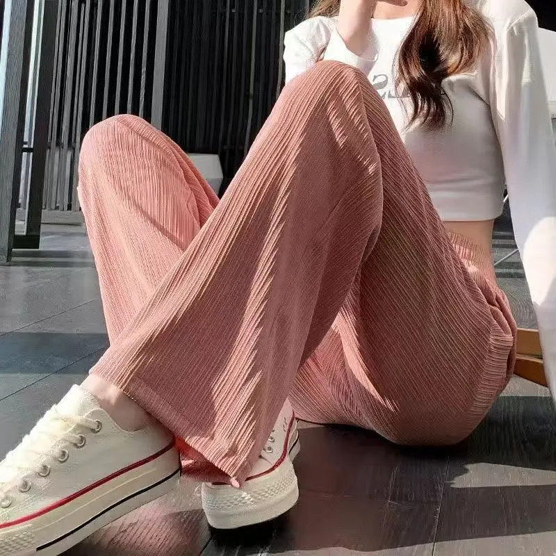 

2022 new summer ice silk wide-leg pants women's high waist drape loose straight casual thin section knitted mopping pants