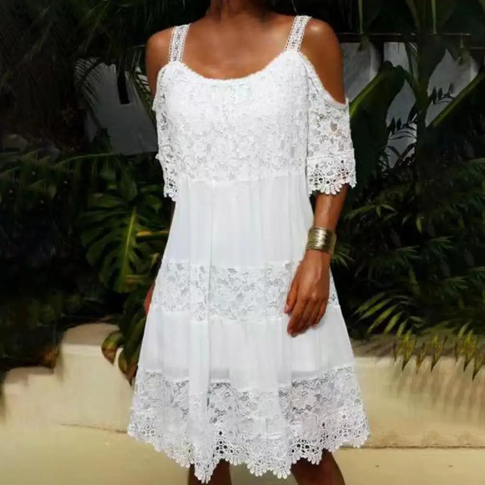 Women Dress Sexy Sling Cold Shoulder Half Sleeve Lace Solid Color Crochet Embroidery Lace Stitching Mini Dress Female Vestidos 
Women Dress Sexy Sling Cold Shoulder Half Sleeve Lace Solid Color Crochet Embroidery Lace Stitching Mini Dress Female Vestidos