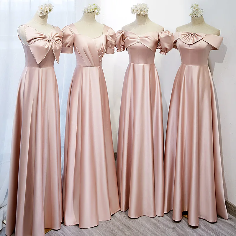 Женское атласное платье подружки невесты розовое длинное для свадьбы выпускного