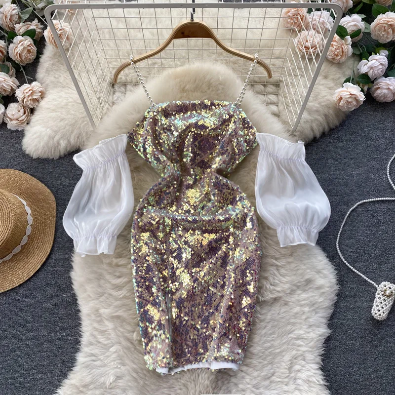 European and American Design Sense Heavy Sequin Strapless Sexy Dress Halter Bust Wrap Hip with Sleeves Set Dress
European and American Design Sense Heavy Sequin Strapless Sexy Dress Halter Bust Wrap Hip with Sleeves Set Dress