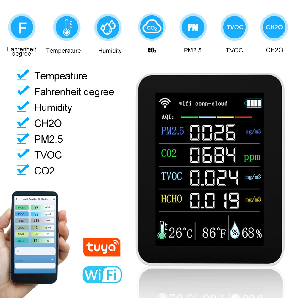 Tuya Smart Air Quality Monitor Smart Home Co2 Meter VOC Sensor Temperature Humidity Carbon Dioxide Tester Via APP Remote Control
Tuya Smart Air Quality Monitor Smart Home Co2 Meter VOC Sensor Temperature Humidity Carbon Dioxide Tester Via APP Remote Control
