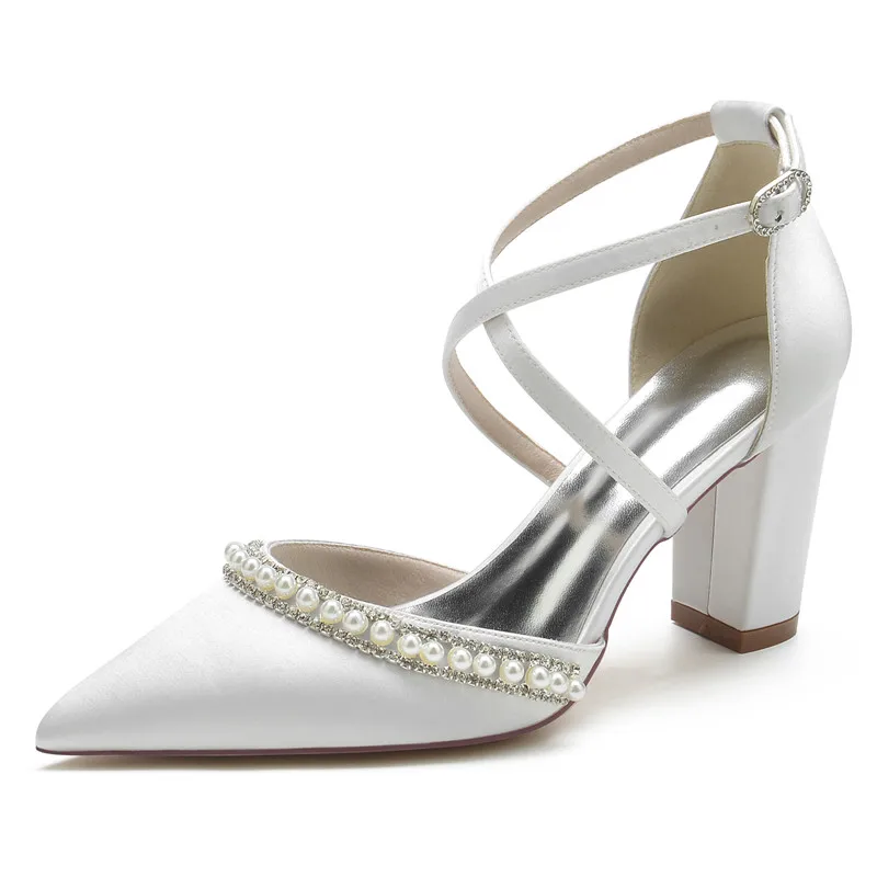 

Атласные свадебные туфли с жемчужинами на блочном каблуке для невесты, вечерние классические туфли с острым носком и перекрестными ремешками с пряжкой для выпускного вечера, туфли-лодочки на высоком каблуке