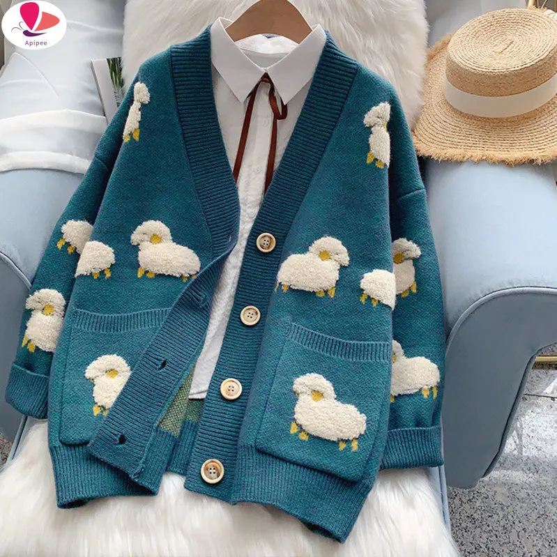 

2022 Women Sweater Cardigans Knitcoat V Neck Sheep Cardigans Sweaters Warm Knitwear Korean Fashion Sueter Mujer Long Jacket