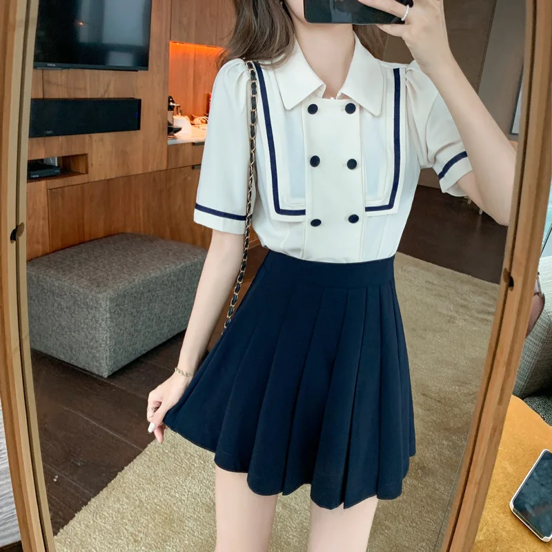 2022 Summer Women's Korean Style Two Piece Set Fashion Luxury Chiffon Shirt Top + A-Line High Waist Pleated Skirt Suit
2022 Summer Women's Korean Style Two Piece Set Fashion Luxury Chiffon Shirt Top + A-Line High Waist Pleated Skirt Suit