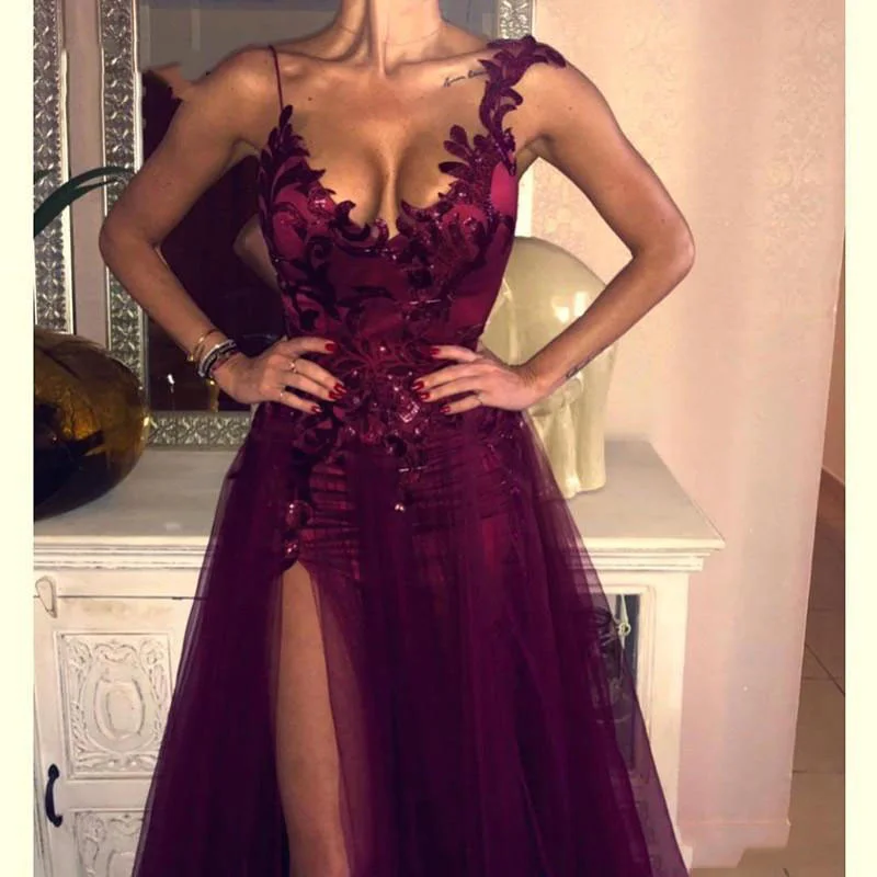 2022 Sexy Prom Dress Spaghetti Strap Deep V-Neck High Slit Evening Formal Party Dresses Applique Tulle Vestidos De Noche 
2022 Sexy Prom Dress Spaghetti Strap Deep V-Neck High Slit Evening Formal Party Dresses Applique Tulle Vestidos De Noche