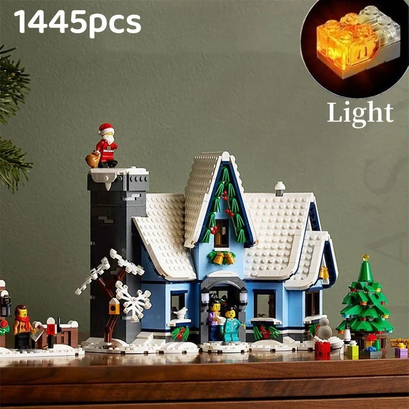 

Светодиодный Санта-Клаус, Рождественский зимний деревенский пейзаж со строительными блоками, кирпичи MOC 10275, снежный дом, модель, сборная игрушка