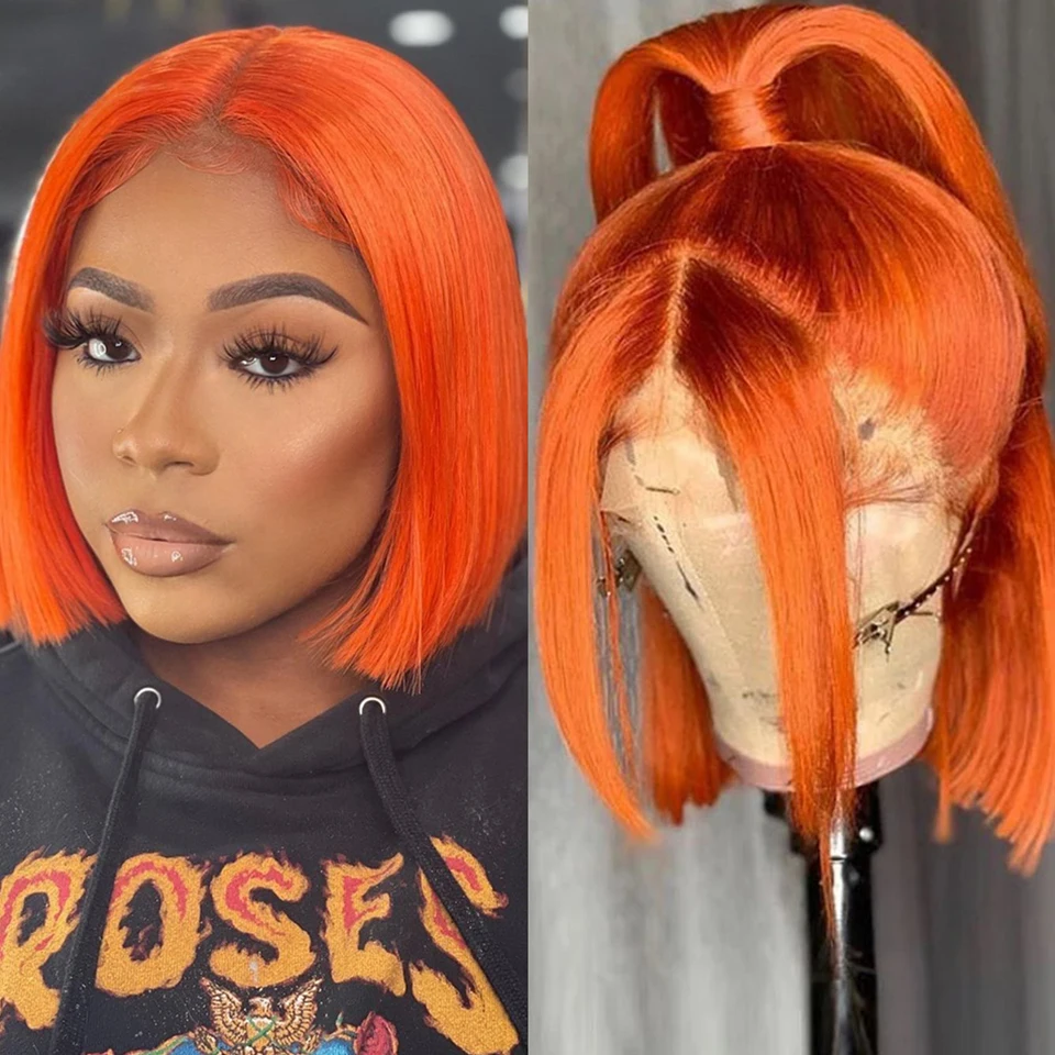 

Soft Preplucked Ginger Orange Middle Part Silky Straight Short Blunt Bob Lace Front Wigs For Black Women With Baby Hair Daily