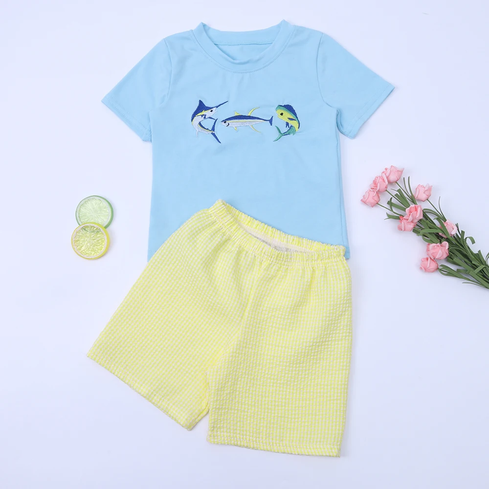 

1-8T Baby Boy Clothes Summer Fresh Suits With Fish Embroidery Blue Casual Tops + Child Loose Shorts 2pcs The New Listing