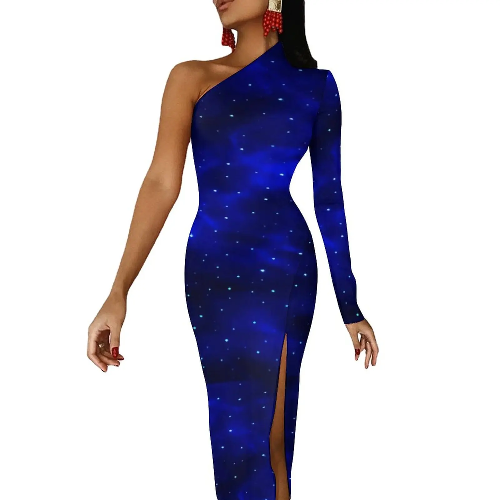 

Синее облегающее платье Galaxy, весеннее винтажное длинное платье с принтом звезд и высоким разрезом, праздничное платье с открытым плечом и узором