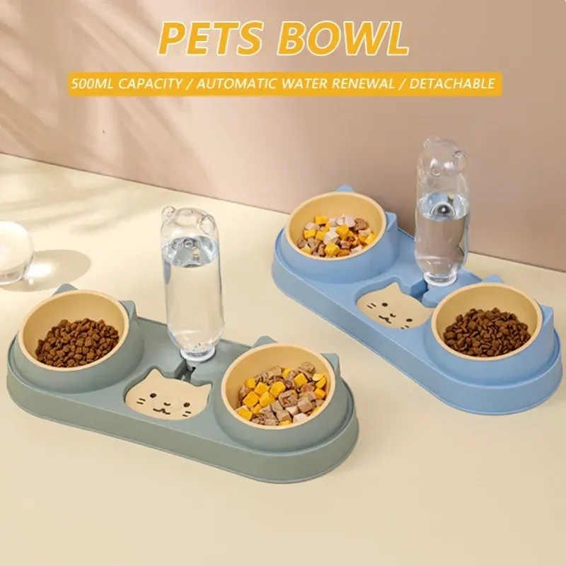 

With Double Automatic Drinking Cat Food Pet Feeder Dish For Water Cats Bowl Fountain Bowls Dog Raised Bowl Stand Bowl