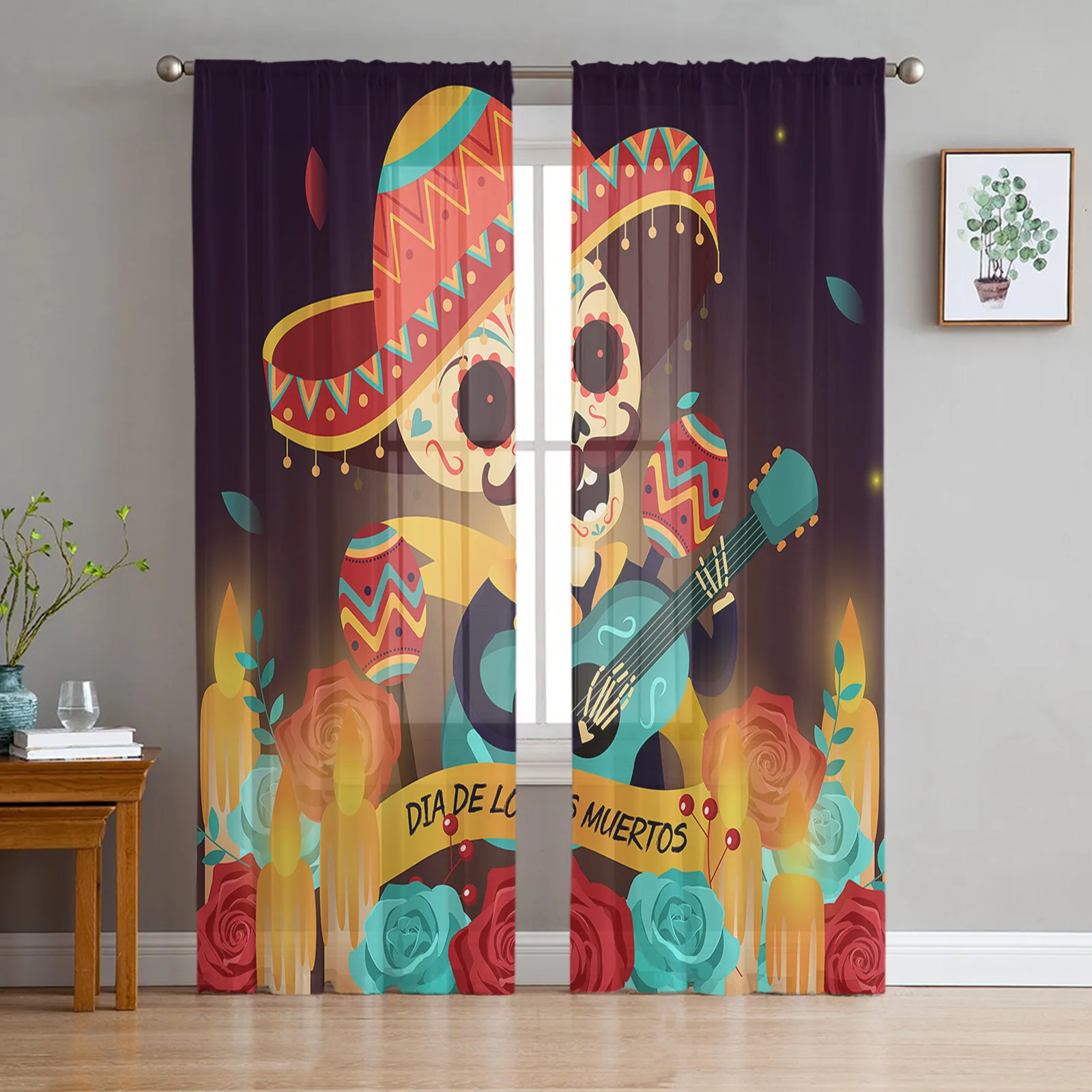 

Mexican Skull Candle Printed Sheer Curtains Drape Home Balcony Decoration Living Room Bedroom Chiffon Window Tulle Curtains