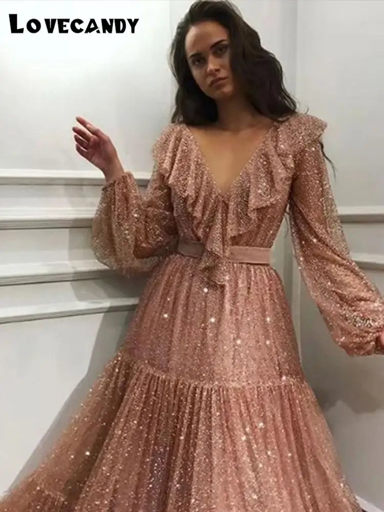 Women Sexy Ruffle V-neck Evening Party Dress Long Sleeve Printed Gold A-line Dresses Elegant Prom Large Hem Ladies Long Dress
Women Sexy Ruffle V-neck Evening Party Dress Long Sleeve Printed Gold A-line Dresses Elegant Prom Large Hem Ladies Long Dress