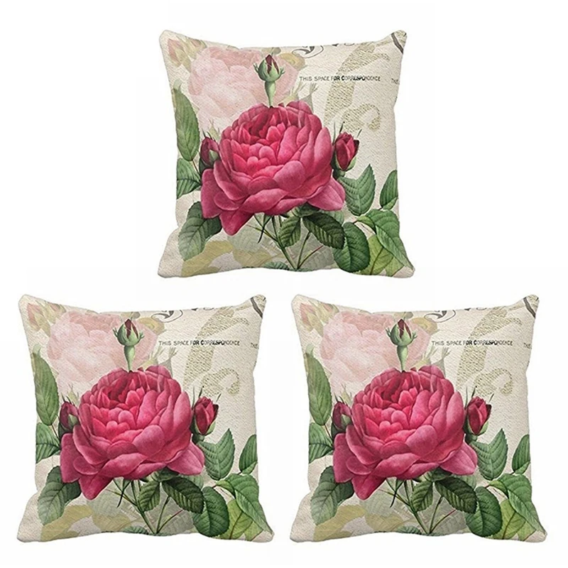 

3X Vintage Floral/Flower Flax Decorative Throw Pillow Case Cushion Cover Home Sofa Decorative(Rose Flower)