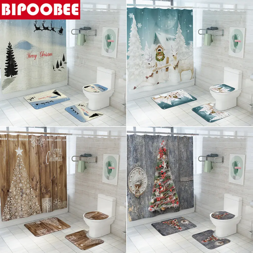 

Merry Christmas Snowfield Print Bathroom Curtain Xmas Tree Toilet Cover Lid Bath Mats Set Non-slip Carpet Fabric Shower Curtains
