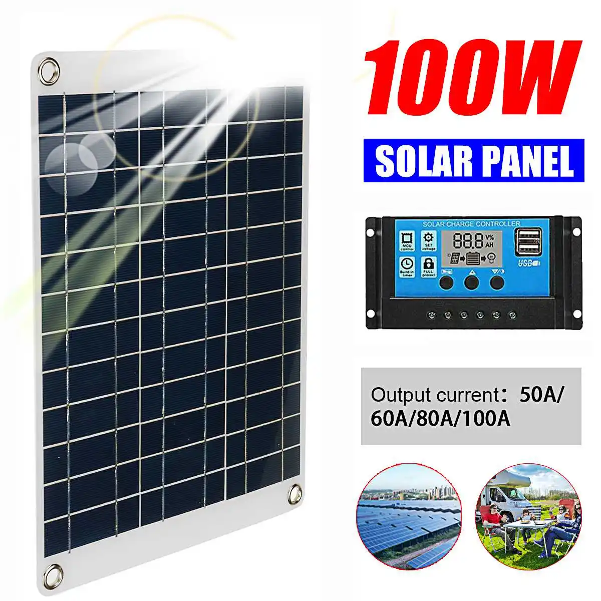 100W Solar Panel Kit 12V Solar Panel Battery Charger Controller Dual USB Solar Plate 50A/60A/80A/100A Solar Cell Controller
100W Solar Panel Kit 12V Solar Panel Battery Charger Controller Dual USB Solar Plate 50A/60A/80A/100A Solar Cell Controller