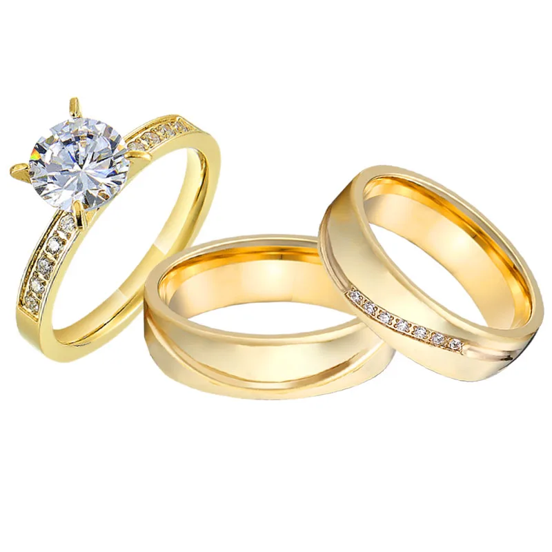 

3pcs lover's alliance 18k yellow gold plated cz diamond marriage ring proposal promise wedding engagement rings set for couples