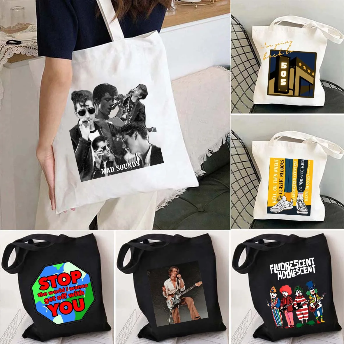

Alex Arctic Monkeys Sound Wave Rock Band 505 Cassette Tape Shopping Tote Bag Canvas Shopper Eco Large Capacity Shoulder Handbags