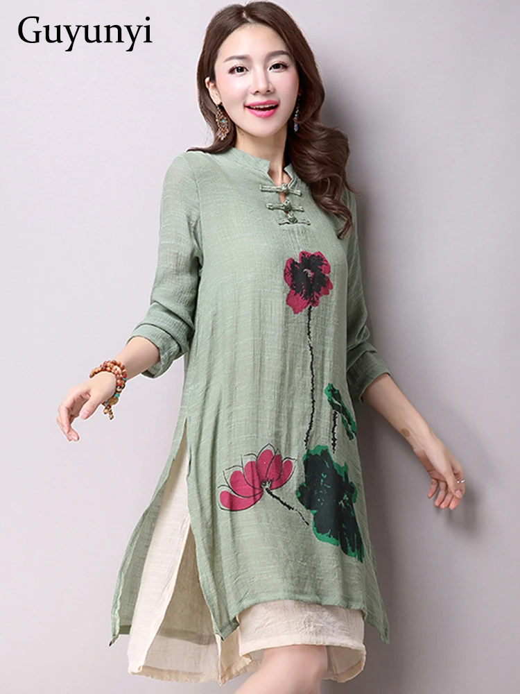 Vintage Casual Dress Spring Linen Cotton Standing Collar Buckle Full Sleeve Lotus Print Elegant Women's Dresses
Vintage Casual Dress Spring Linen Cotton Standing Collar Buckle Full Sleeve Lotus Print Elegant Women's Dresses
