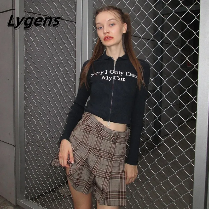 

Lygens с буквенным принтом Lpng рукава с высокой талией молния вверх отложной воротник кроп-топ зимнее пальто Y2K Оптовая Продажа Повседневная одежда