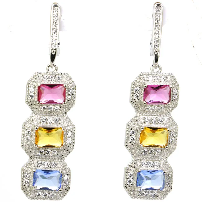 

52x13mm Multi Color Long 10.7g Rich Blue Violet Tanzanite Tourmaline Citrine CZ Woman's Party 925 Solid Sterling Silver Earrings