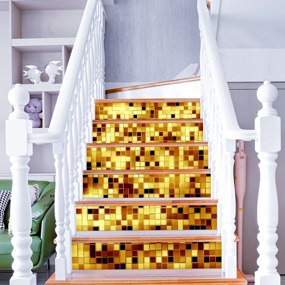 

6pcs/set Golden Mosaic Stair Stickers Staircase Steps Wall Sticker Home Decor Self-adhesive Waterproof Removable Art Wallpaper
