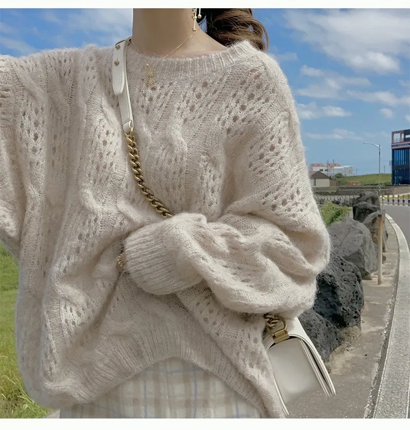 White Chic Mohair Pullover Sweater Autumn 2021 Long Sleeve Hollow Out Sweater O-neck Casual Pullovers Women Jumper Sweet Sweater
White Chic Mohair Pullover Sweater Autumn 2021 Long Sleeve Hollow Out Sweater O-neck Casual Pullovers Women Jumper Sweet Sweater