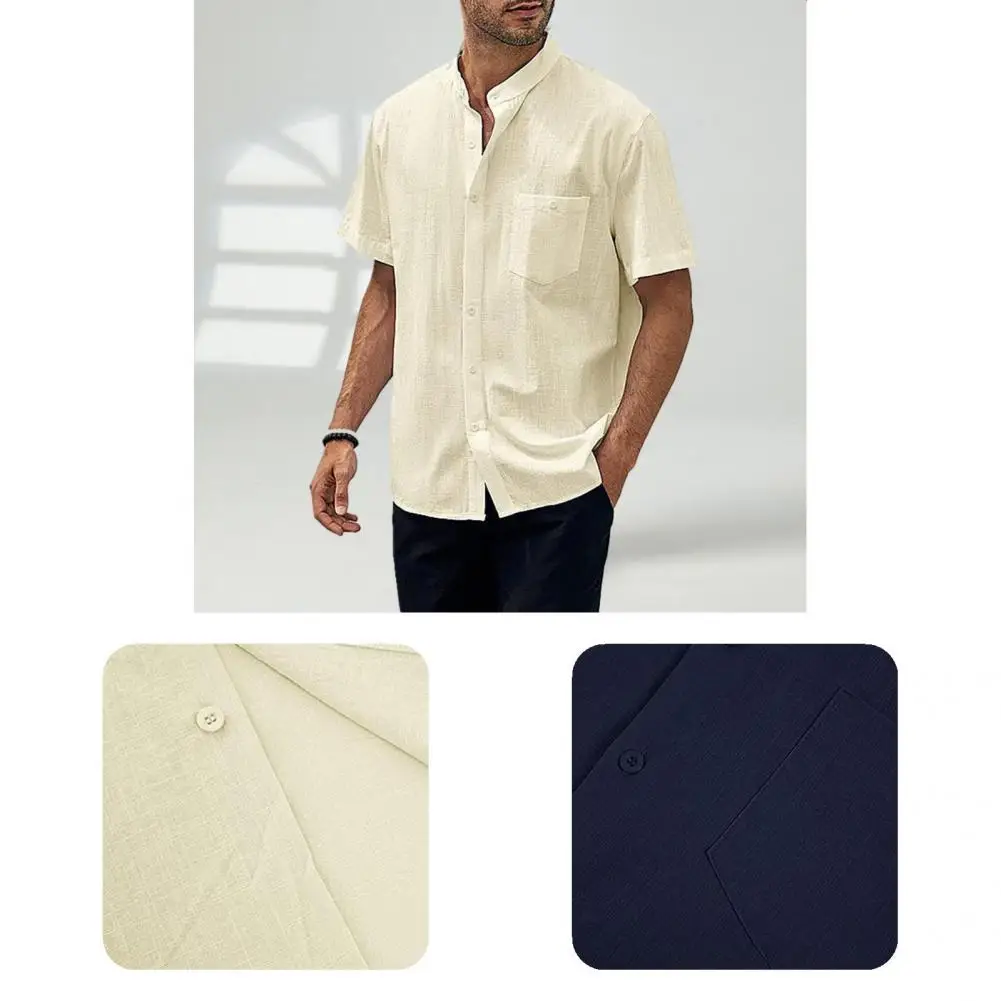 

Мужская рубашка с воротником-стойкой, Повседневная рубашка в стиле ретро с нагрудным карманом и короткими рукавами, с воротником-стойкой, для лета