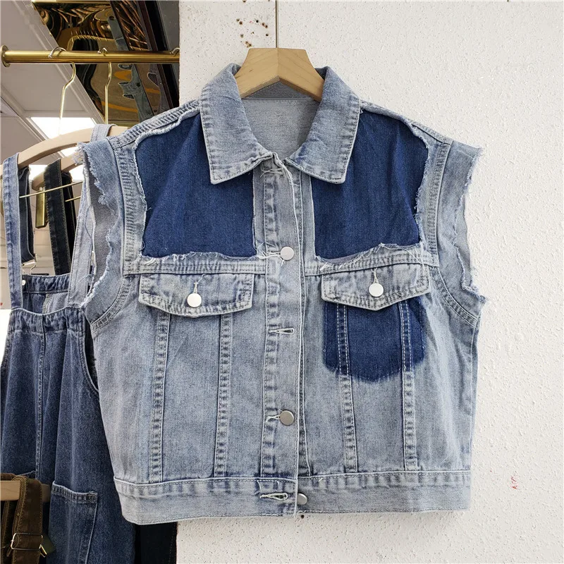 

Autumn Contrast Color Stitching Frayed Burrs Jeans Vest Women Blue Black Slim Short Coat Sleeveless Denim Waistcoat Veste Femme