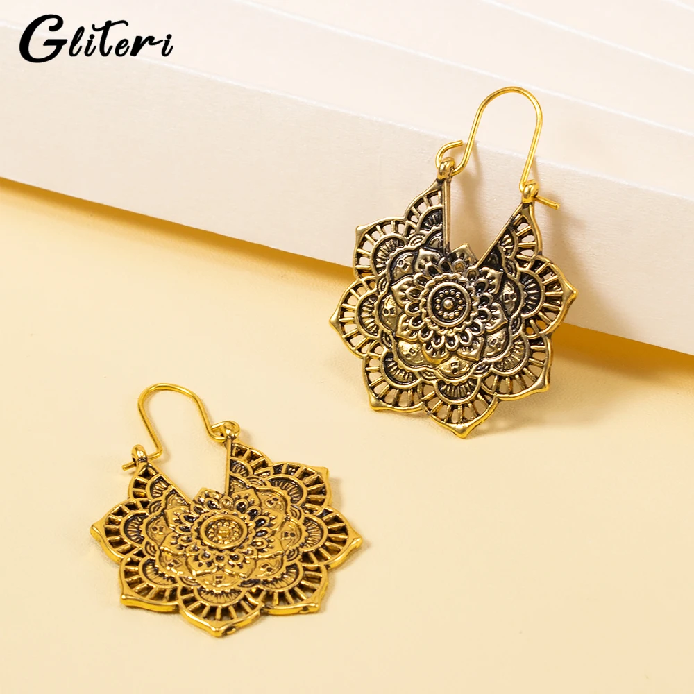 

GEITERI 1Pair Vintage Hollow Flower Earrings For Women Girls Gold Color Silver Color Bohemia Drop Earring Charm Jewelry Female