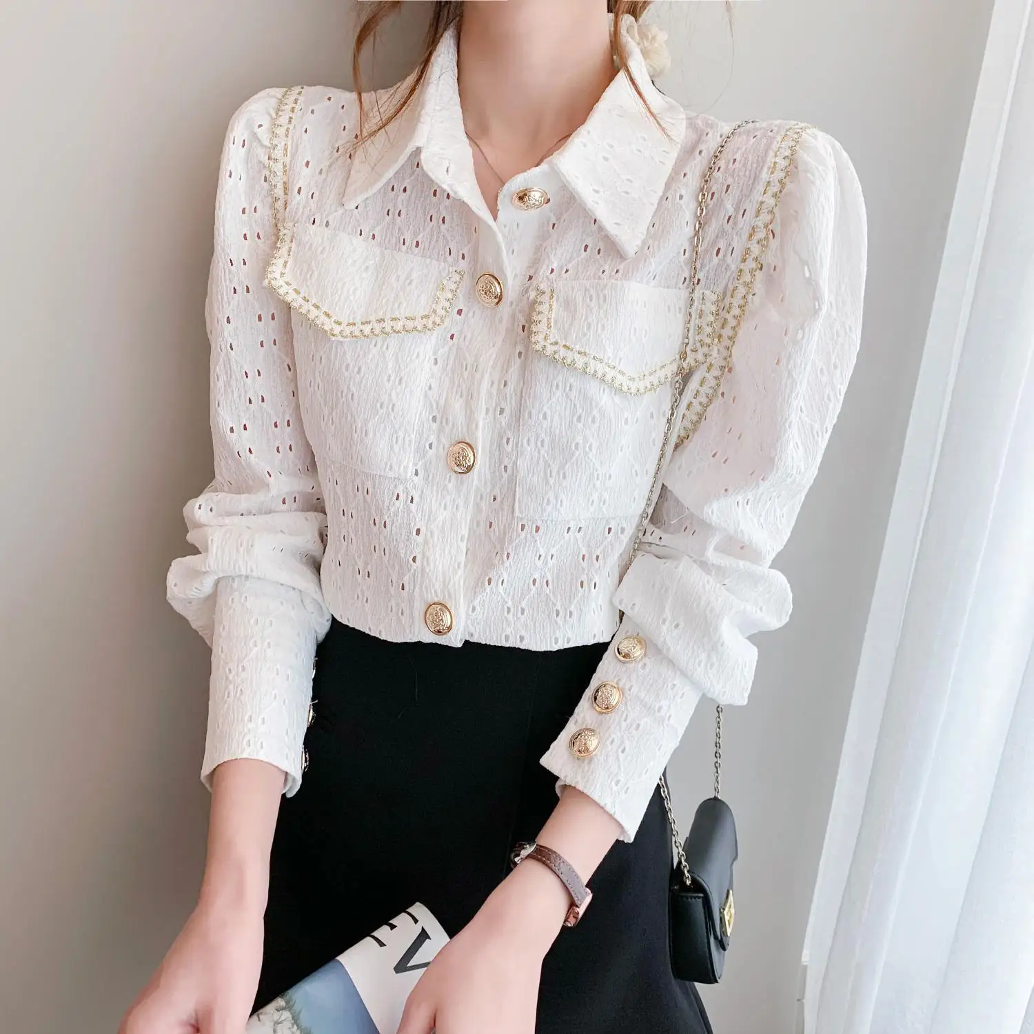Elegant Sweet Hollow Out Blouse Spring Summer 2022 Turn Down Collar Puff Sleeve Women's Professional Clothing A06 
Elegant Sweet Hollow Out Blouse Spring Summer 2022 Turn Down Collar Puff Sleeve Women's Professional Clothing A06