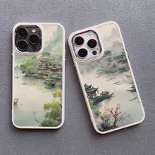 Mountains and Streams Pavilion Ink Brush Painting Phone Case for iPhone 14 7 8 Plus 15 12 13 14 11 Pro Max X XR XS Silicon Cover