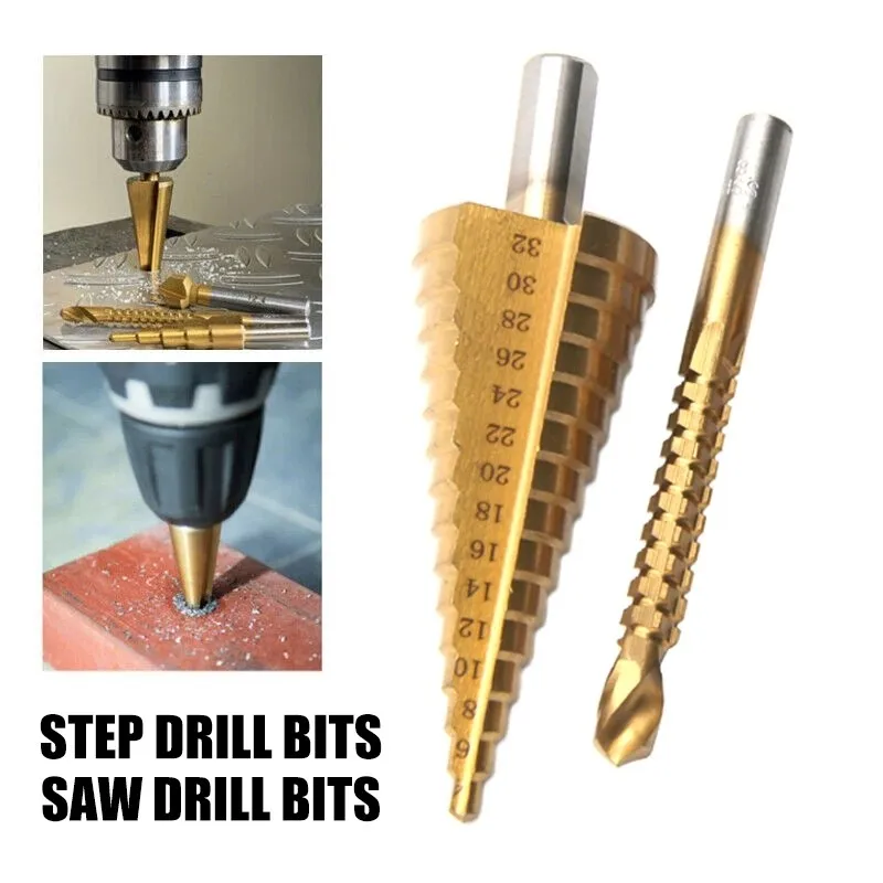 HSS Titanium Step Drill Bit Set 4-12mm 4-20mm 4-32mm Metal Hole Cutter Wood Cone Core Drilling Hole Saw Tool Twist Saw Drill
HSS Titanium Step Drill Bit Set 4-12mm 4-20mm 4-32mm Metal Hole Cutter Wood Cone Core Drilling Hole Saw Tool Twist Saw Drill