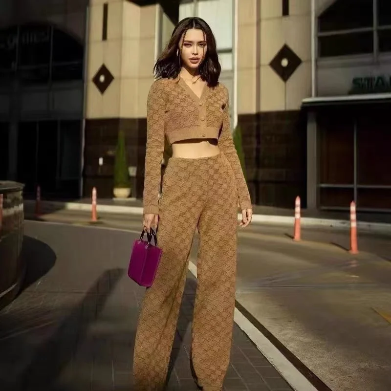 New Spring Women's Tracksuit Knitted V-neck Long Sleeve Short Cardigan Crop Top + High Waist Wide Leg Pants Set Woman 2 Pieces
New Spring Women's Tracksuit Knitted V-neck Long Sleeve Short Cardigan Crop Top + High Waist Wide Leg Pants Set Woman 2 Pieces