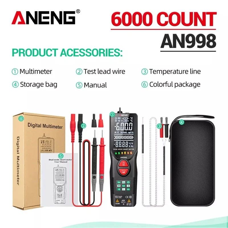 Автоматический цифровой мультиметр ANENG AN998, 6000 отсчетов, профессиональный Электрический автоматический выбор диапазона, Вольтметр постоян...
Автоматический цифровой мультиметр ANENG AN998, 6000 отсчетов, профессиональный Электрический автоматический выбор диапазона, Вольтметр постоян...