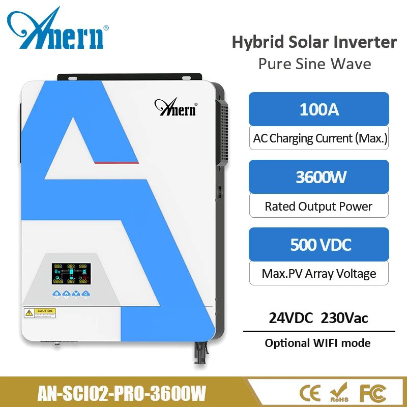 

Anern 3600W Hybrid Solar Inverter Pure Sine Wave MPPT 120A 24V 230V Max PV 500V On/Off-Grid Inverter Optional Wifi Module
