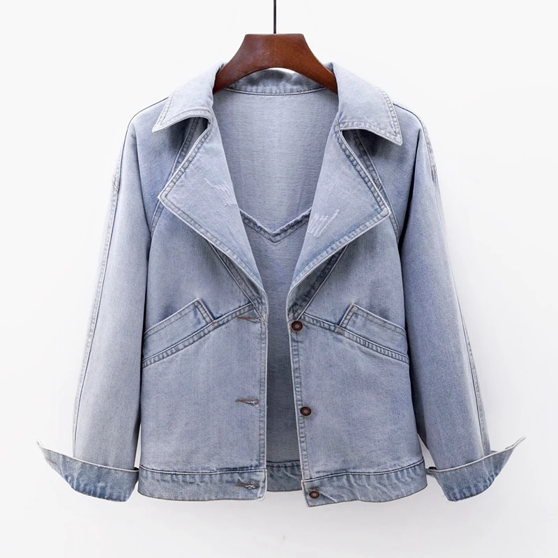 Vintage Wash Blue Frayed Suit Collar Denim Jacket Coat Women Cowboy Outerwear Korean Slim Short Big Pocket Jeans Jackets Female 
Vintage Wash Blue Frayed Suit Collar Denim Jacket Coat Women Cowboy Outerwear Korean Slim Short Big Pocket Jeans Jackets Female
