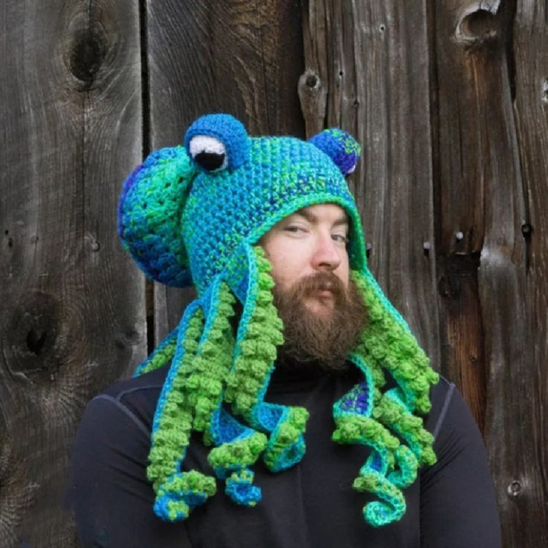 

New Octopus Beard Knit Wool Hat Hand Weave Men Christmas Cosplay Party Funny Tricky Headgear Winter Warm Couples Beanie Caps