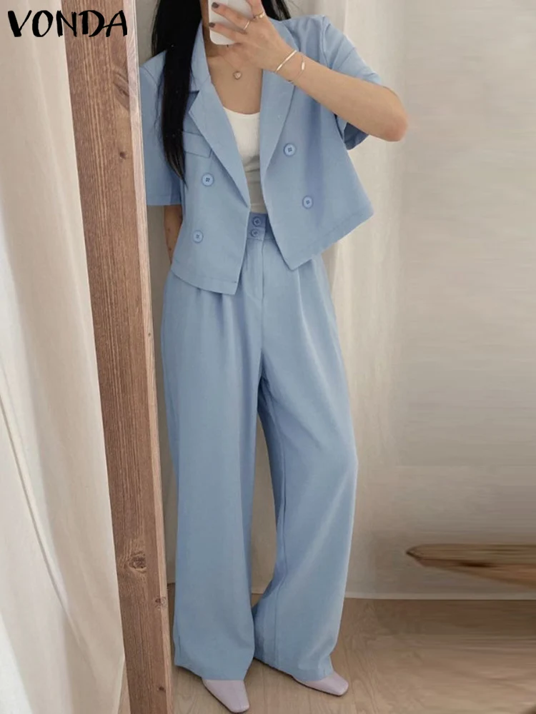 2022 Summer VONDA Pants Sets Women Fashion Elegant Short Sleeve Solor Color Blouse Suits Tops And Wide Leg Trousers Flare Pants 
2022 Summer VONDA Pants Sets Women Fashion Elegant Short Sleeve Solor Color Blouse Suits Tops And Wide Leg Trousers Flare Pants