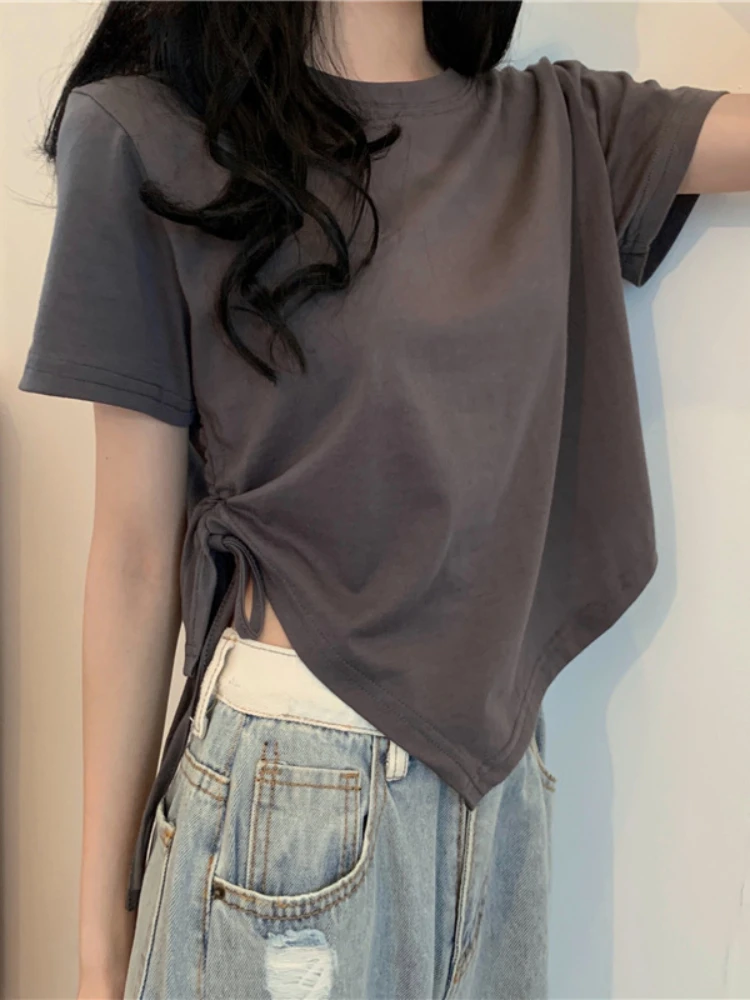 Women's Irregular O Neck Short Sleeve T-shirt Drawstring Ruched Slim Basic High Waist T-shirt New Fashion Crop Top All-match Top
Women's Irregular O Neck Short Sleeve T-shirt Drawstring Ruched Slim Basic High Waist T-shirt New Fashion Crop Top All-match Top