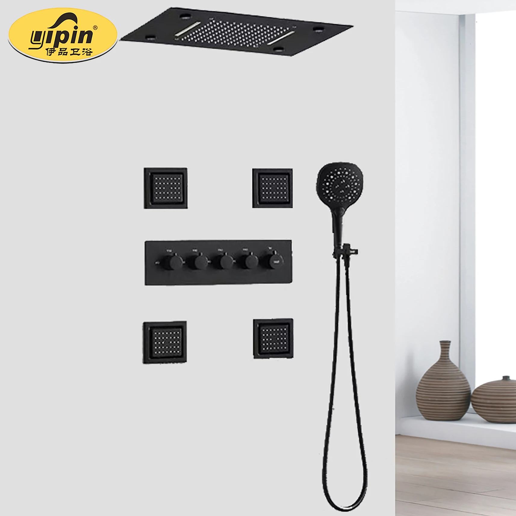 Hot sale Bathroom Rainfall waterfall thermostatic concealed shower mixer set black with massage jets luxury shower system panel
Hot sale Bathroom Rainfall waterfall thermostatic concealed shower mixer set black with massage jets luxury shower system panel