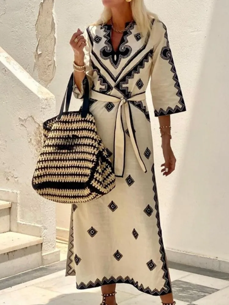 Spring And Autumn New For Women's Elegant Lace Up V Neck Dresses Linen Fashion Retro Slim Fit Female Bohemian Print Dresses 2023
Spring And Autumn New For Women's Elegant Lace Up V Neck Dresses Linen Fashion Retro Slim Fit Female Bohemian Print Dresses 2023