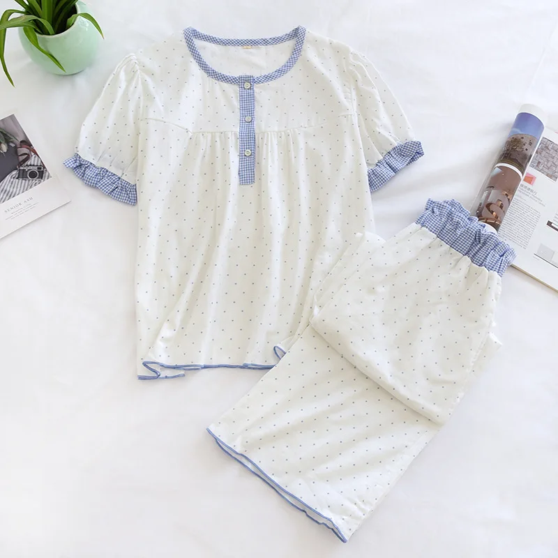 Sweet dot Short sleeve trousers pajamas sets women pyjamas 100% gauze cotton Japanese simple sleepwear
Sweet dot Short sleeve trousers pajamas sets women pyjamas 100% gauze cotton Japanese simple sleepwear